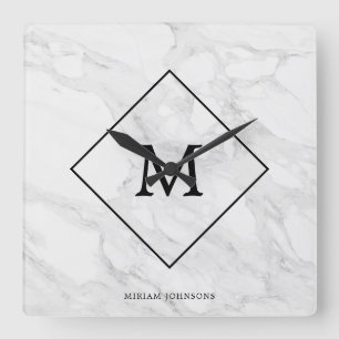 Monogram modern marmer vierkante klok