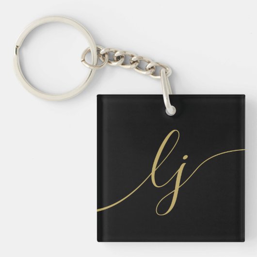 Monogram Modern Minimaal Elegant Zwart Goud Script Sleutelhanger (Voorkant)