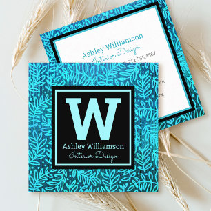 Monogram modern patroon van bladblad met turkooize vierkante visitekaartje