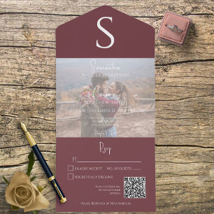Monogram Modern Photo Burgundy Wine QR Code All In One Uitnodiging