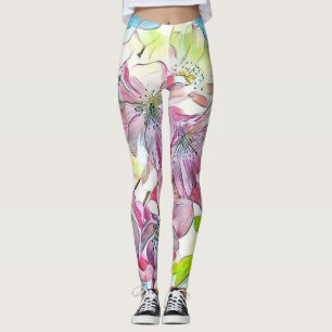 Monogram Modern Pink Cherry Blossom Waterverf Leggings