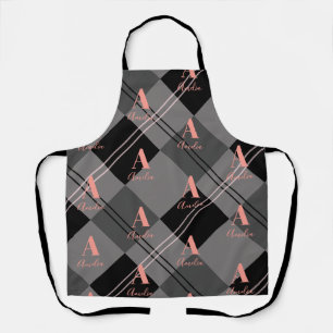 Monogram Modern Plaid Grijs Zwart Roze Schort