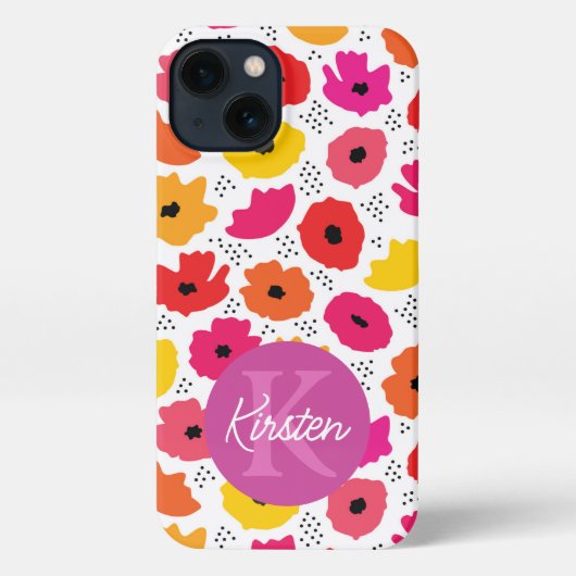 Monogram Modern Poppy Floral Patroon Script Naam iPhone Hoesje (Achterkant)
