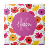 Monogram Modern Poppy Floral Patroon Script Naam Tegeltje (Voorkant)