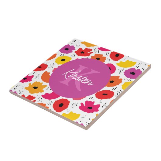 Monogram Modern Poppy Floral Patroon Script Naam Tegeltje (Zijkant)