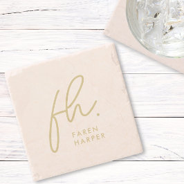 Monogram Modern Script Elegant Blush Pink Gold Stenen Onderzetter