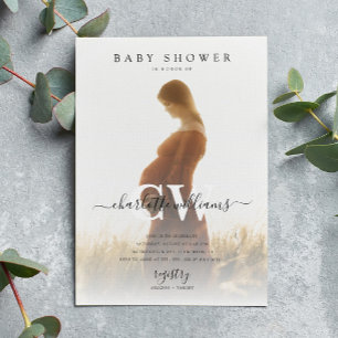 Monogram Modern Script Photo Baby shower Kaart