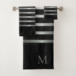 Monogram Modern Silver Stripes op zwart Bad Handdoek