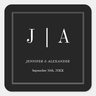 Monogram Modern Simple Black and White Wedding Vierkante Sticker