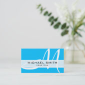 Monogram Modern Sky Blue Background Visitekaartje (Staand voorkant)