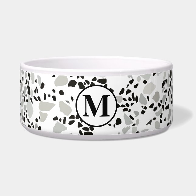 Monogram Modern Wit en Grijs Terrazzo Patroon Voerbakje (Voorkant)