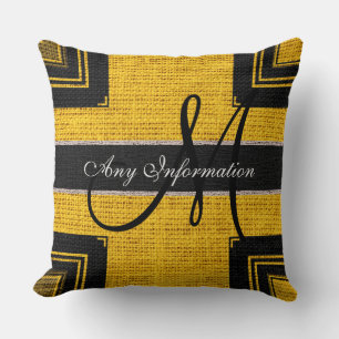 Monogram Modern Yellow & Black Burlap Rustic Jute Kussen