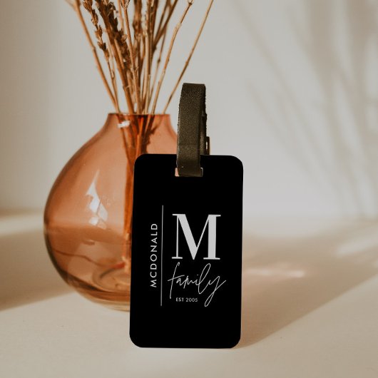 Monogram modern zwart gepersonaliseerde familie el bagagelabel