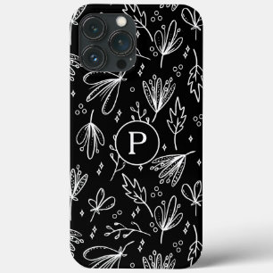 Monogram Modern Zwart Wit Bloemmotief iPhone 13 Pro Max Hoesje