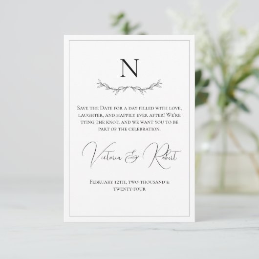 Monogram Modern Zwart-wit Save The Date (Staand voorkant)