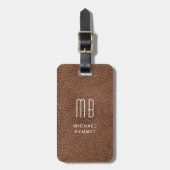 Monogram Moderne Bruine Faux Lederen Textuur Bagagelabel (Voorkant verticaal)