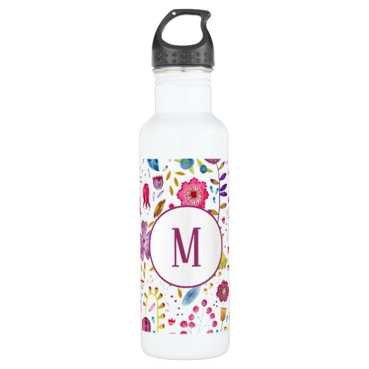 Monogram Moderne Floral Waterverf Waterfles (Voorkant)
