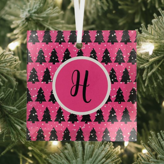 Monogram moderne Fuchsia & Black kerstboom Glas Ornament (Insitu)