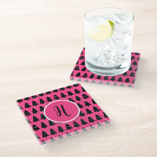 Monogram moderne Fuchsia & Black kerstboom Glazen Onderzetter