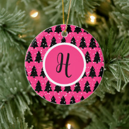 Monogram moderne Fuchsia & Black kerstboom Keramisch Ornament