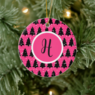 Monogram moderne Fuchsia & Black kerstboom Keramisch Ornament
