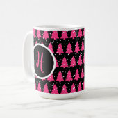 Monogram moderne Fuchsia & Black kerstboom Koffiemok (Voorkant links)