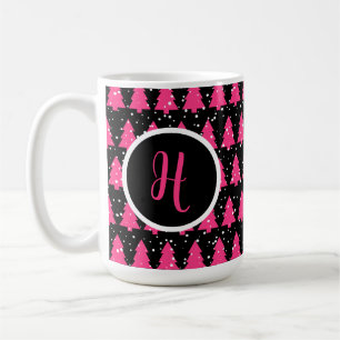 Monogram moderne Fuchsia & Black kerstboom Koffiemok