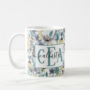 Monogram moderne Gele Floral Waterverf Koffiemok