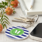 Monogram moderne groene en blauwe strepen sleutelhanger (Voorkant Rechts)