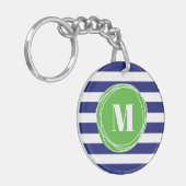 Monogram moderne groene en blauwe strepen sleutelhanger (Voorkant Links)
