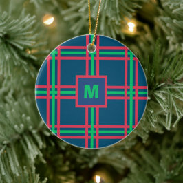 Monogram Moderne Marine Blauw Groen Plaid Vakantie Keramisch Ornament