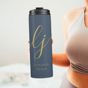 Monogram Moderne Minimalistische Marine Gouden Kal Thermosbeker
