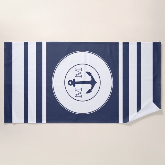Monogram moderne Nautical Navy Blue White Stripes Strandlaken (Voorkant)