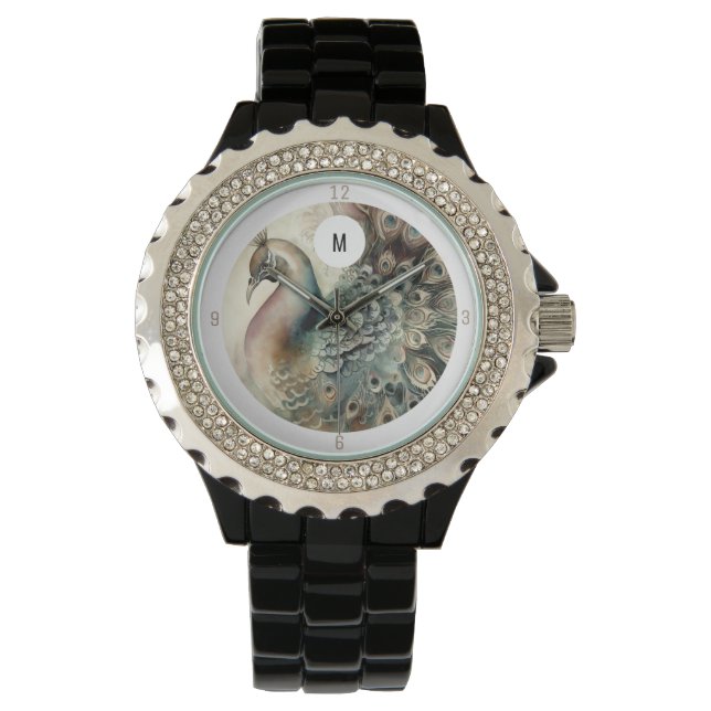 Monogram moderne pauw | Voeg uw Initiaal toe Horloge (Voorkant)