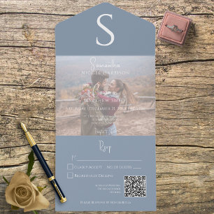 Monogram Moderne Photo Dusty Blue QR Code All In One Uitnodiging