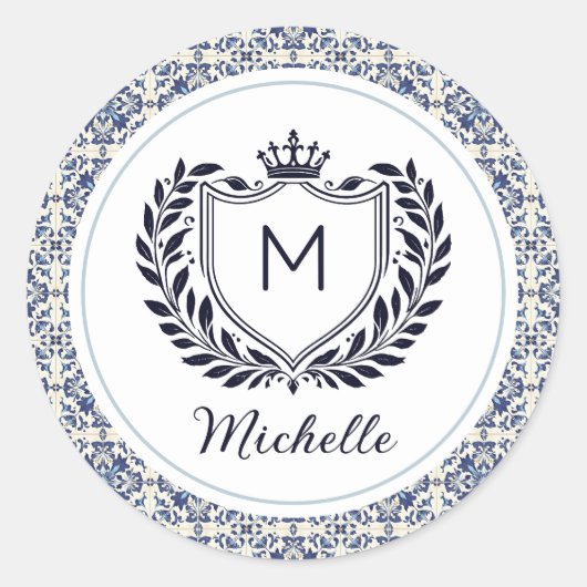 Monogram Moderne Portugese Tegels Azulejos Blue Ronde Sticker (Voorkant)
