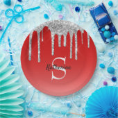 Monogram moderne Red Silver Glitter Drift Papieren Bordje (Feest)