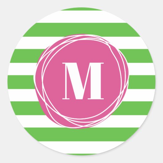 Monogram moderne roze en groene strepen ronde sticker (Voorkant)