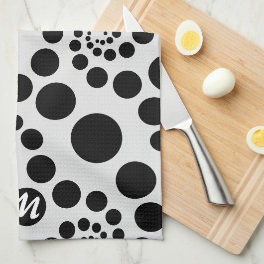 Monogram moderne zwarte en witte ronde ronde dots theedoek (Quarter Fold)