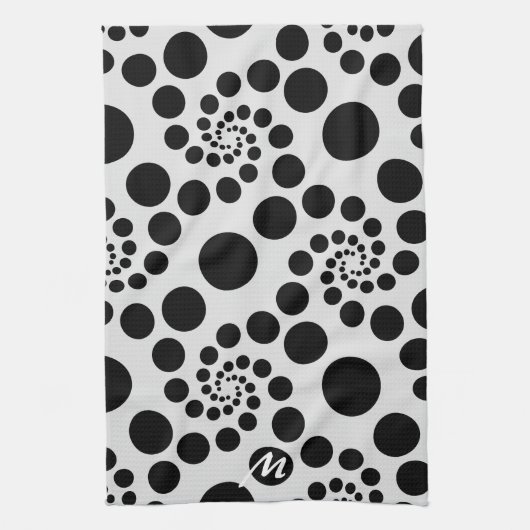 Monogram moderne zwarte en witte ronde ronde dots theedoek (Verticaal)