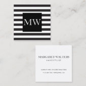 Monogram moderne zwarte witte strepen vierkante visitekaartje (Voorkant / Achterkant)