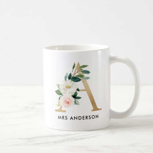 Monogram Mok, Floral Monogram A, Eigen cadeau, Gou Koffiemok (Rechts)