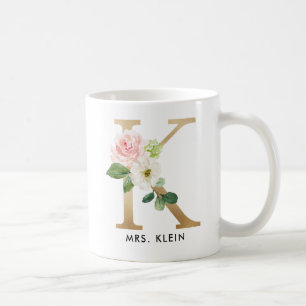 Monogram Mok, Floral Monogram K, Custom Gift, Gold Koffiemok