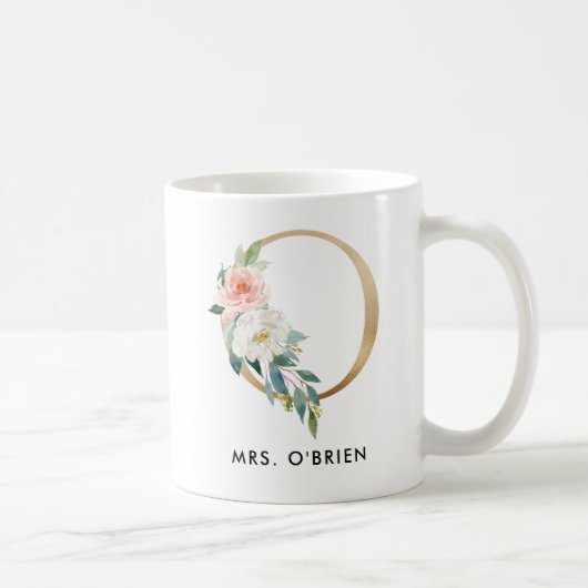 Monogram Mok, Floral Monogram O, Douane Gift, Goud Koffiemok (Rechts)