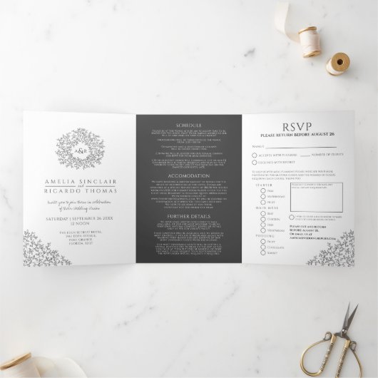 Monogram mono verlaat de bruiloft helemaal in één drieluik uitnodiging (Binnen)