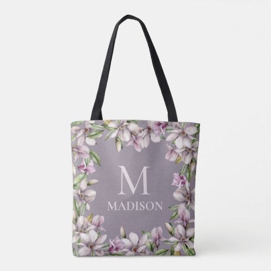Monogram Monogrammen Magnolia Floral Draagtas (Achterkant)