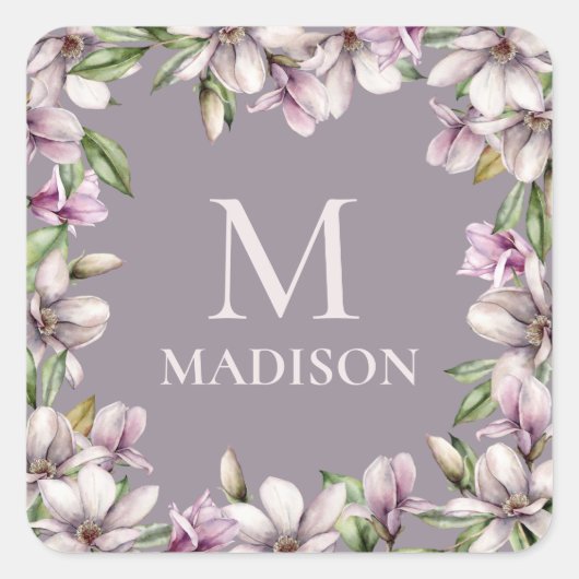 Monogram Monogrammen Magnolia Floral Vierkante Sticker (Voorkant)