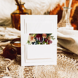 Monogram Moody Bourgogne juweel Bloemenbruiloft Uitnodigingen Wikkel