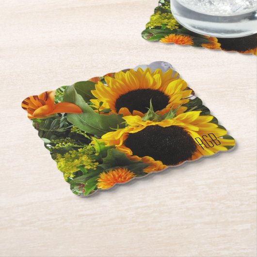 Monogram, mooie herfst Zonnebloemen Kartonnen Onderzetters (Gebogen)
