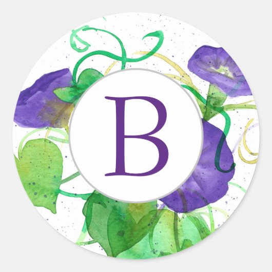 Monogram Morning Glory Purple Flowers Ronde Sticker (Voorkant)